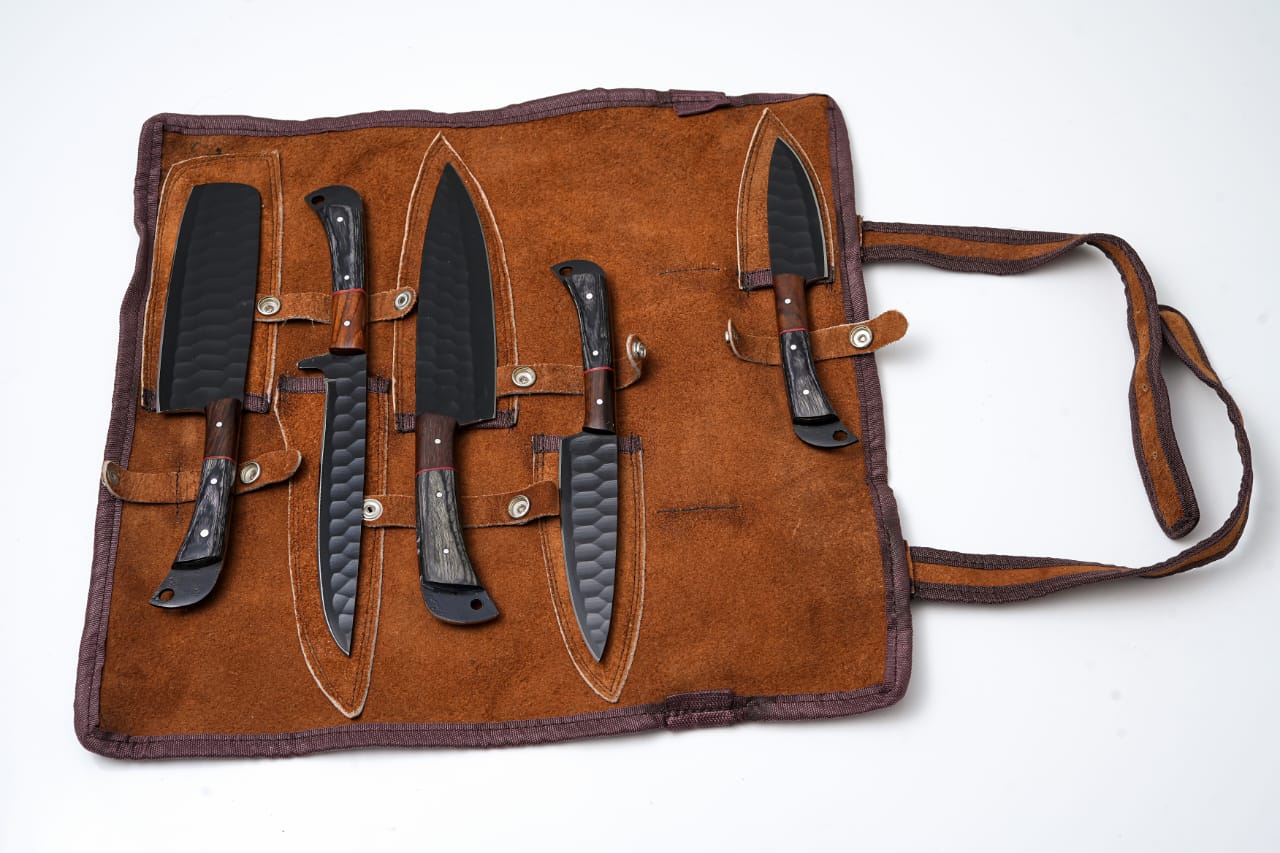 Hand-Forged 5-Piece Kitchen Knife Set | Hammered Black Carbon Steel | Pakkawood & Black WalnutHandles - CK-003