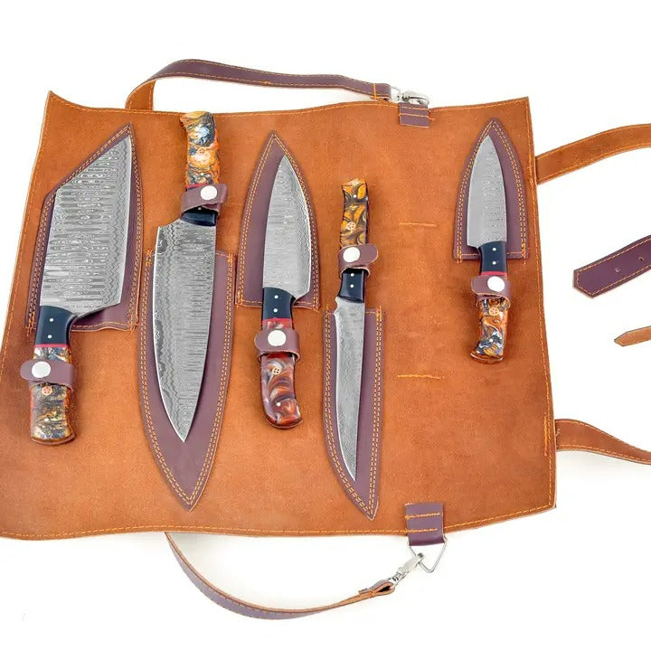 Titan’s Artisanal Mastery: Molten Amber Damascus Steel 5-Piece Kitchen Knife Set - TK-453