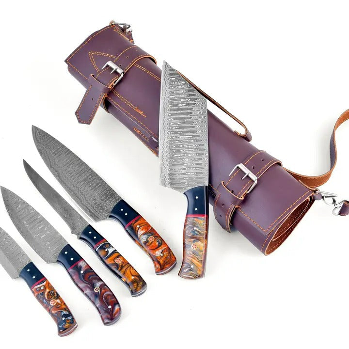 Titan’s Artisanal Mastery: Molten Amber Damascus Steel 5-Piece Kitchen Knife Set - TK-453
