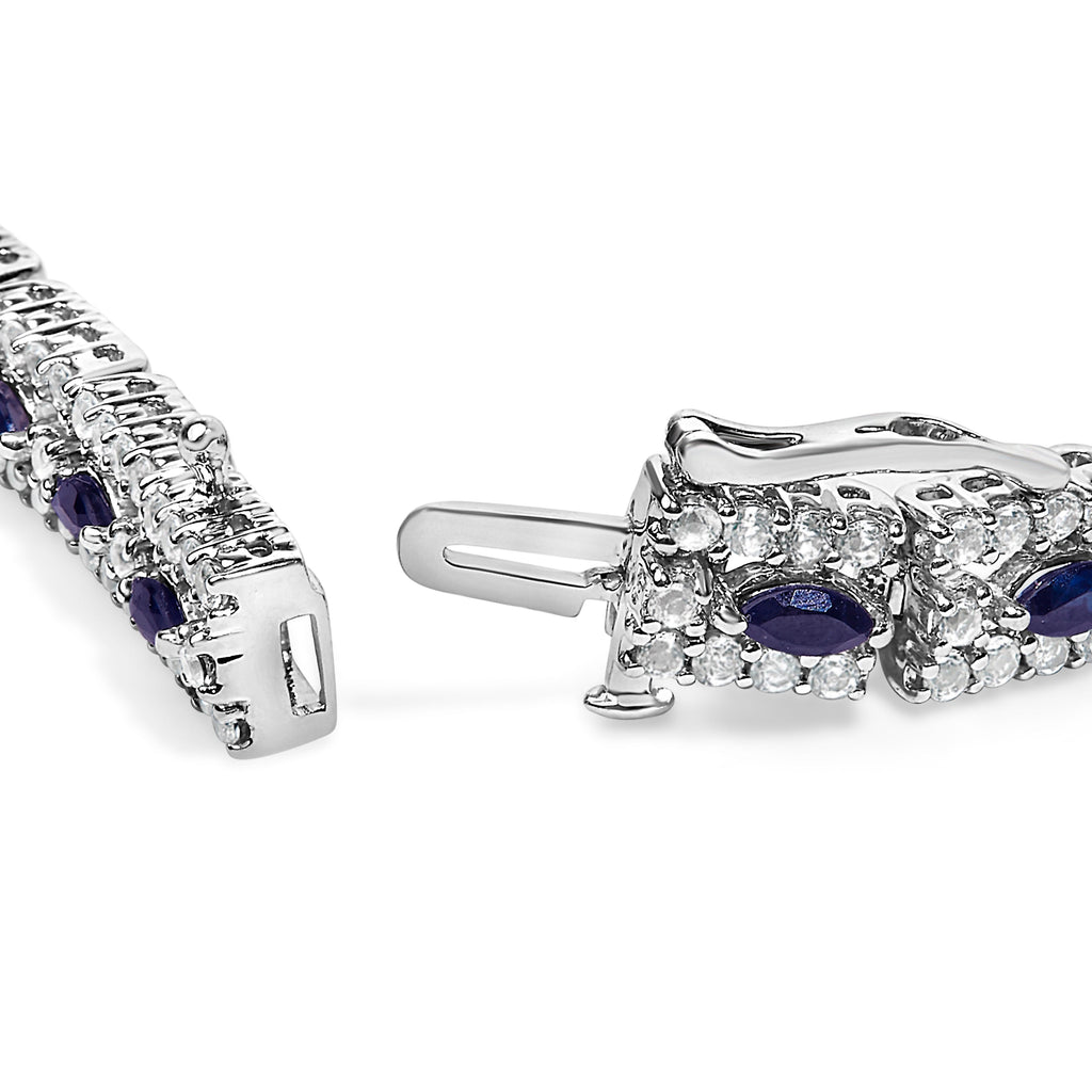 Sterling Silver Dark Blue Sapphire and Topaz Marquise Floral Art Deco Link Bracelet