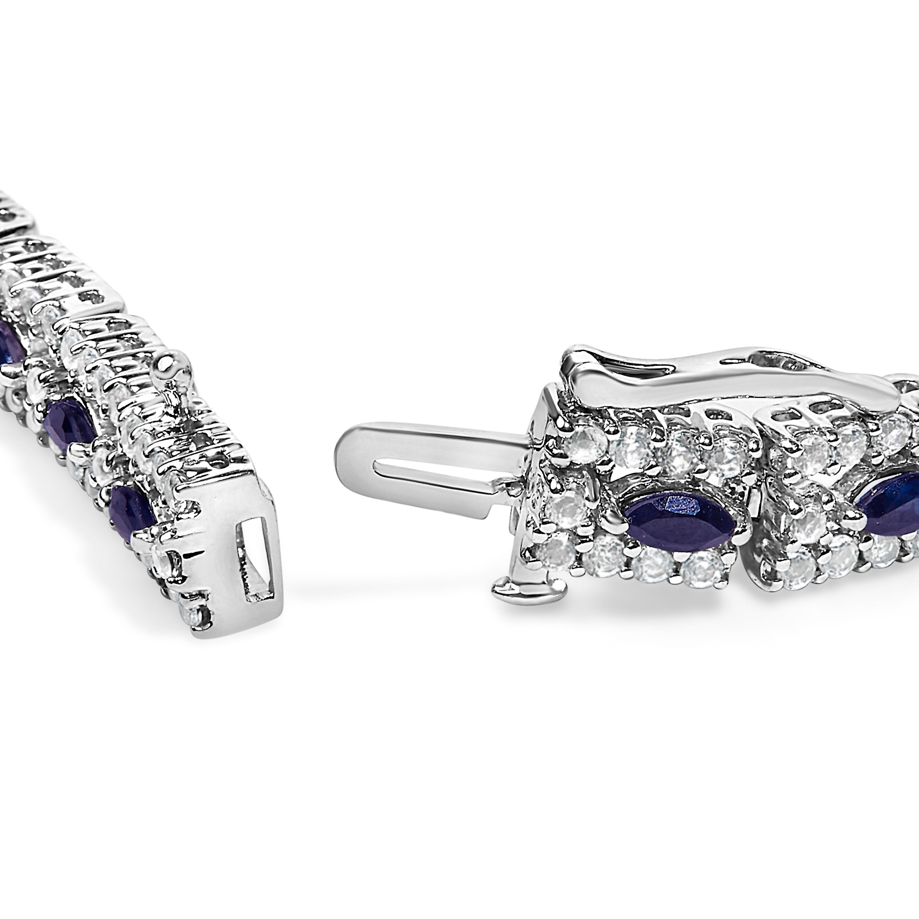 Sterling Silver Dark Blue Sapphire and Topaz Marquise Floral Art Deco Link Bracelet