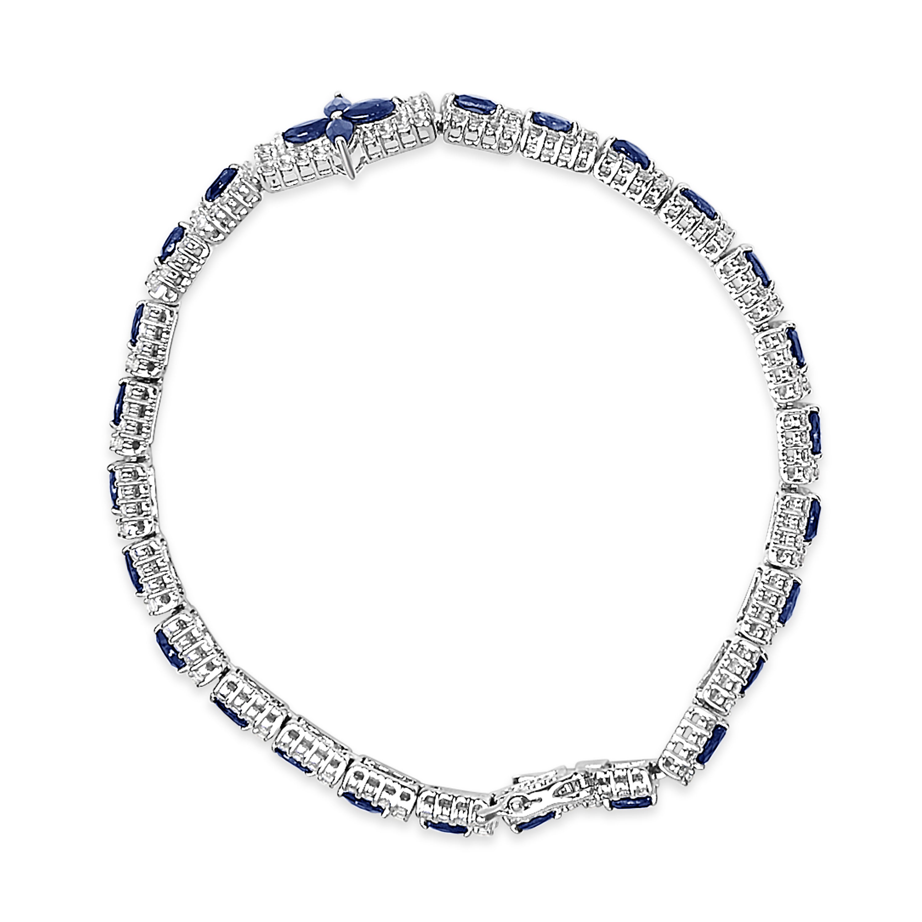 Sterling Silver Dark Blue Sapphire and Topaz Marquise Floral Art Deco Link Bracelet