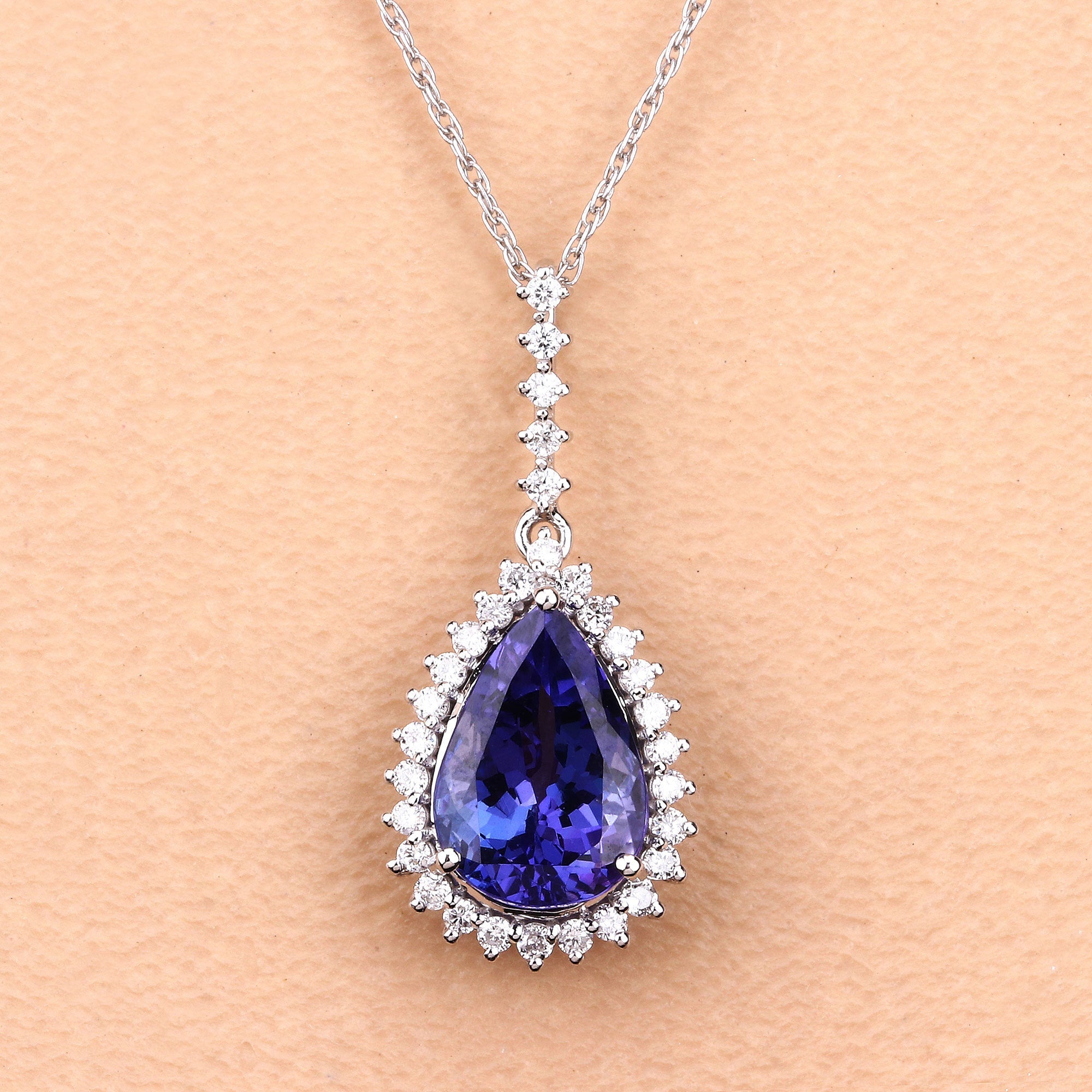 3.05 Carat Genuine Tanzanite and White Diamond 14K White Gold Pendant