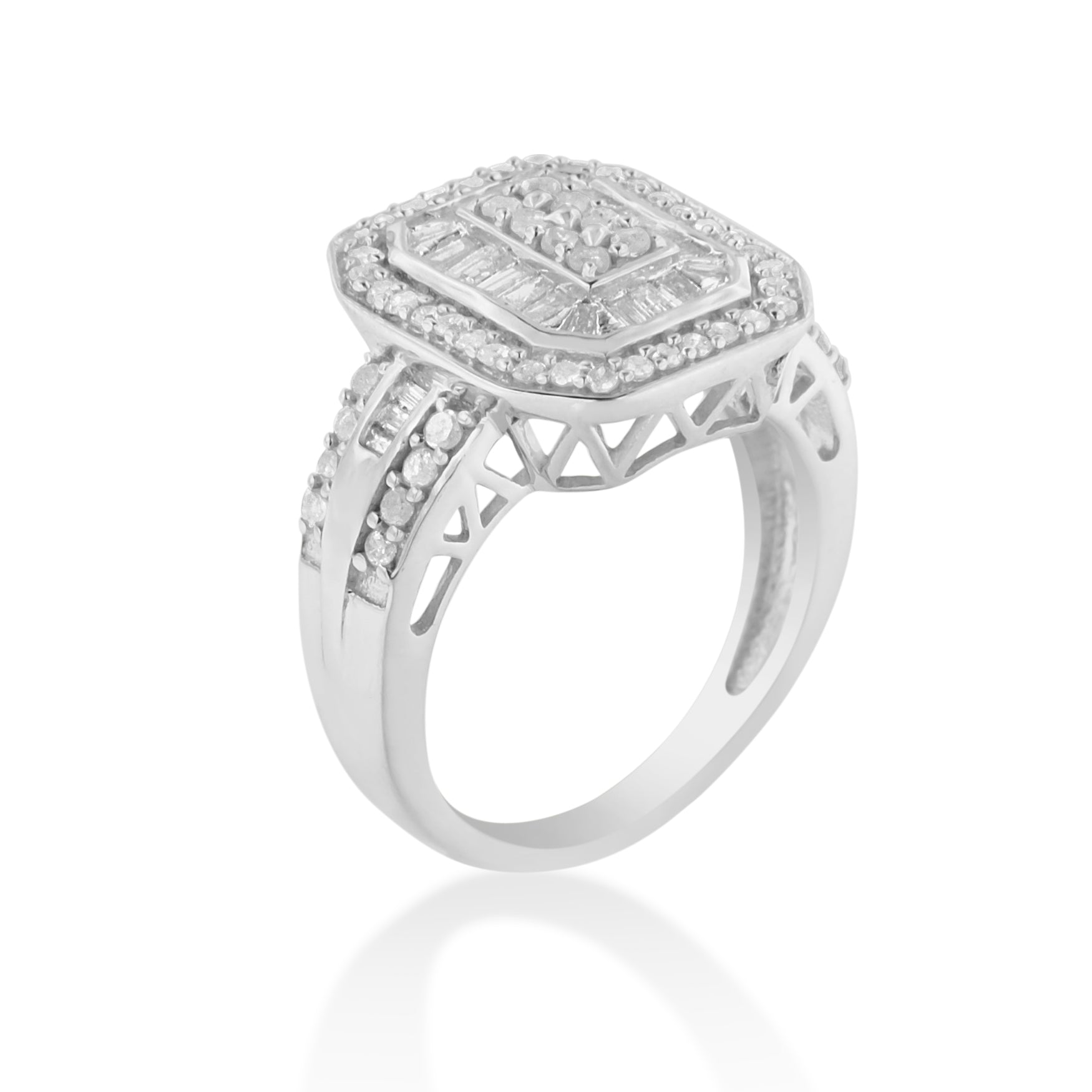 .925 Sterling Silver 1.0 Cttw Round and Baguette Cut Diamond Elongated Octagon Shaped Cocktail Ring (H-I Color, I2-I3 Clarity) - Size 7