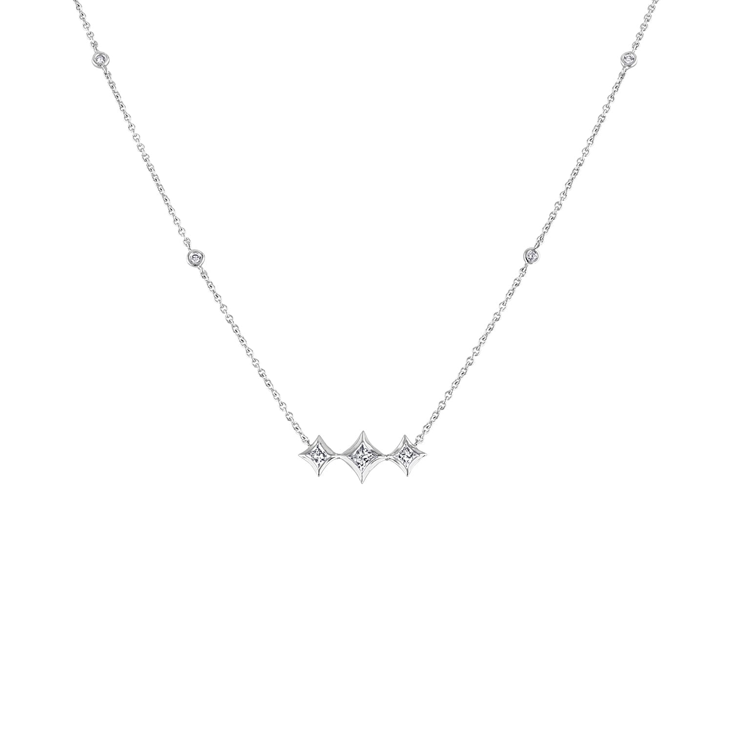 10K White Gold Bezel Set Princess Diamond 3 Stone Kite Shape and Station Necklace (H-I Color, SI2-I1 Clarity) - 18" Inches