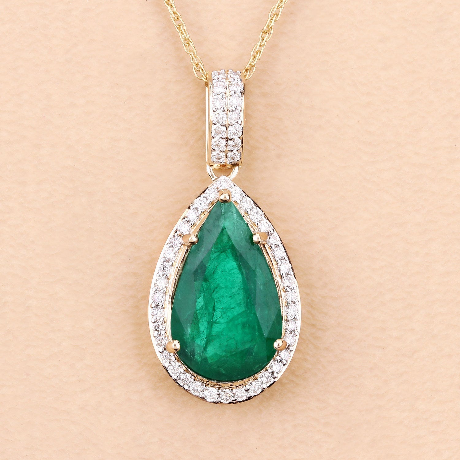 IGI Certified 3.22 Carat Genuine Zambian Emerald and White Diamond 14K Yellow Gold Pendant