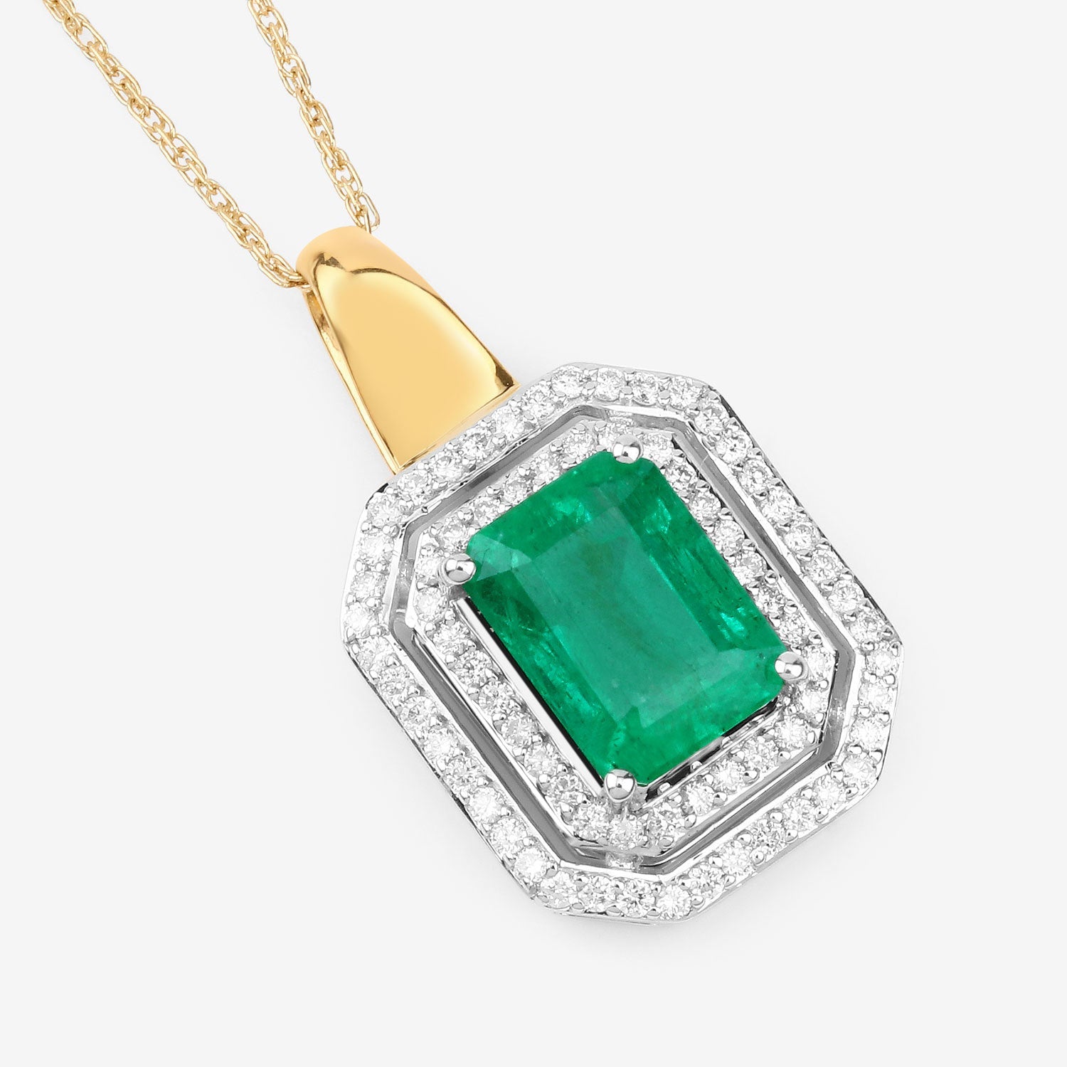IGI Certified 2.37 Carat Genuine Zambian Emerald and White Diamond 14K Yellow & White Gold Pendant