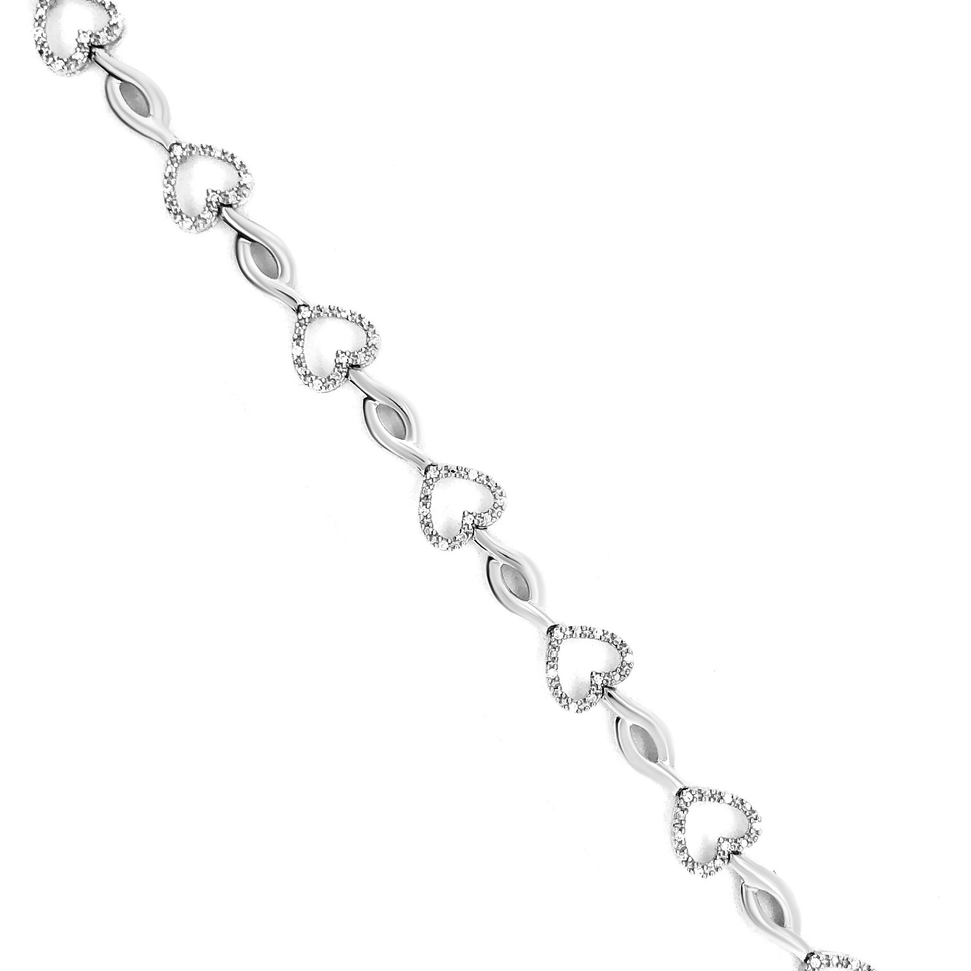 .925 Sterling Silver 1/4 Cttw Round-Cut Diamond Alternating Heart and Leaf Link Bracelet (I-J Color, I3 Clarity) - Size 7.25"