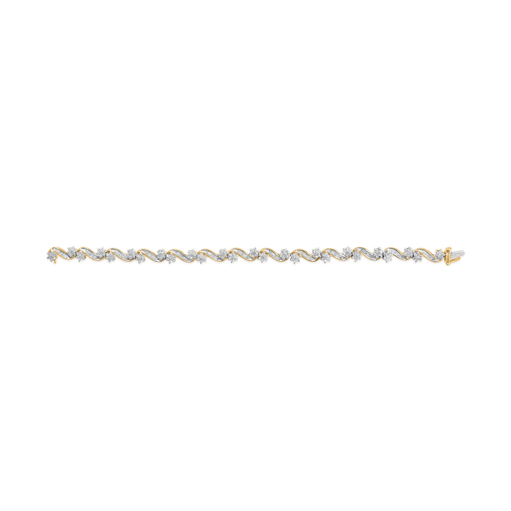 10k Yellow Gold 3.00 Cttw Round-Cut and Baguette-Cut Floral Link 7.25" Bracelet (I-J Color, I1-I2 Clarity)