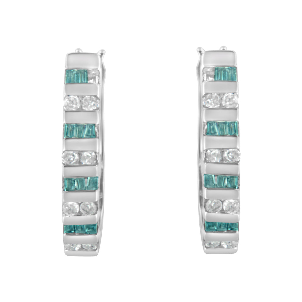 10k White Gold Round and Blue Baguette 1/2 cttw Diamond Hoop Earrings (I-J Color, I2-I3 Clarity)