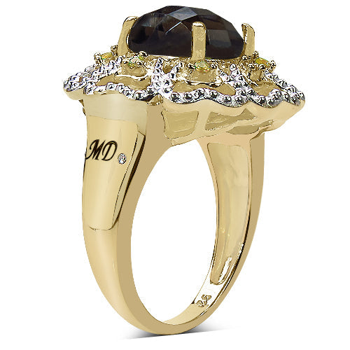14K Yellow Gold Plated 3.23 Carat Genuine Smoky Quartz, Citrine & White Diamond .925 Sterling Silver Ring
