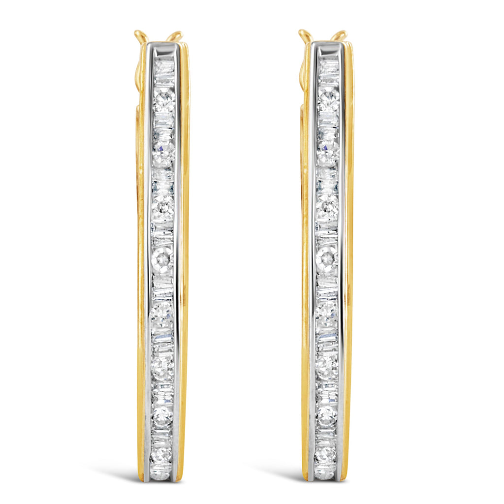 10K Yellow Gold 1.00 Cttw Round and Baguette-Cut Diamond U-Hoop Earrings (H-I Color, SI2-I1 Clarity)