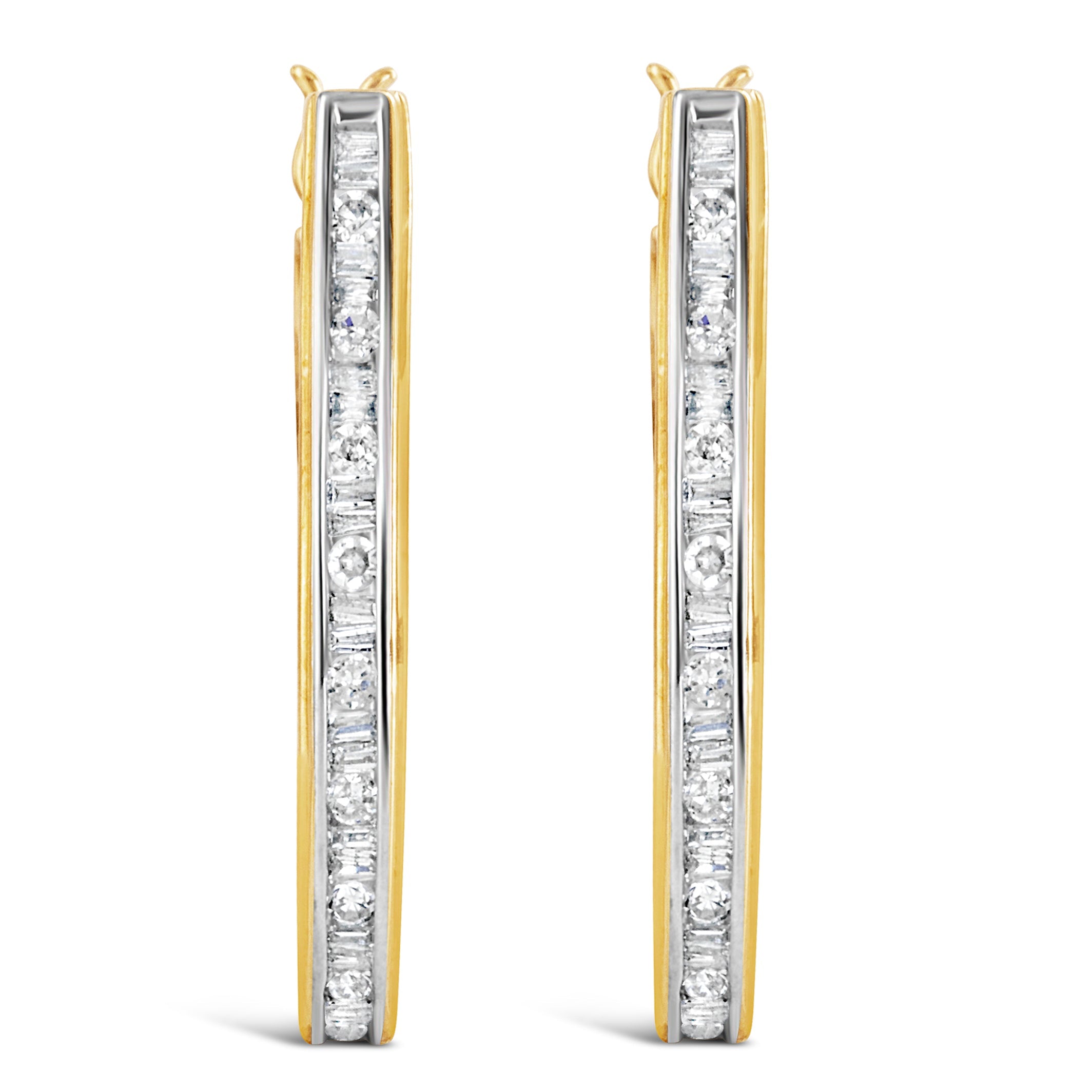 10K Yellow Gold 1.00 Cttw Round and Baguette-Cut Diamond U-Hoop Earrings (H-I Color, SI2-I1 Clarity)