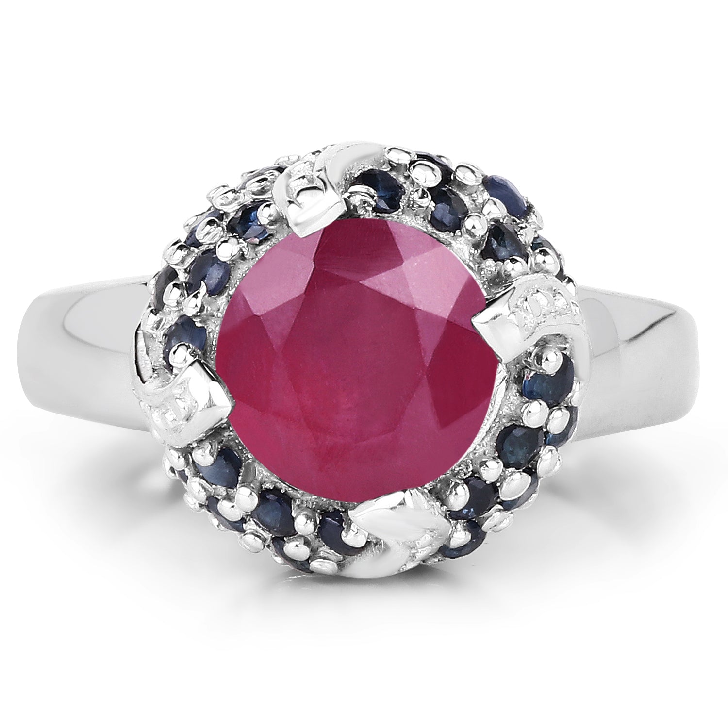 3.70 Carat Glass Filled Ruby and Blue Sapphire .925 Sterling Silver Ring
