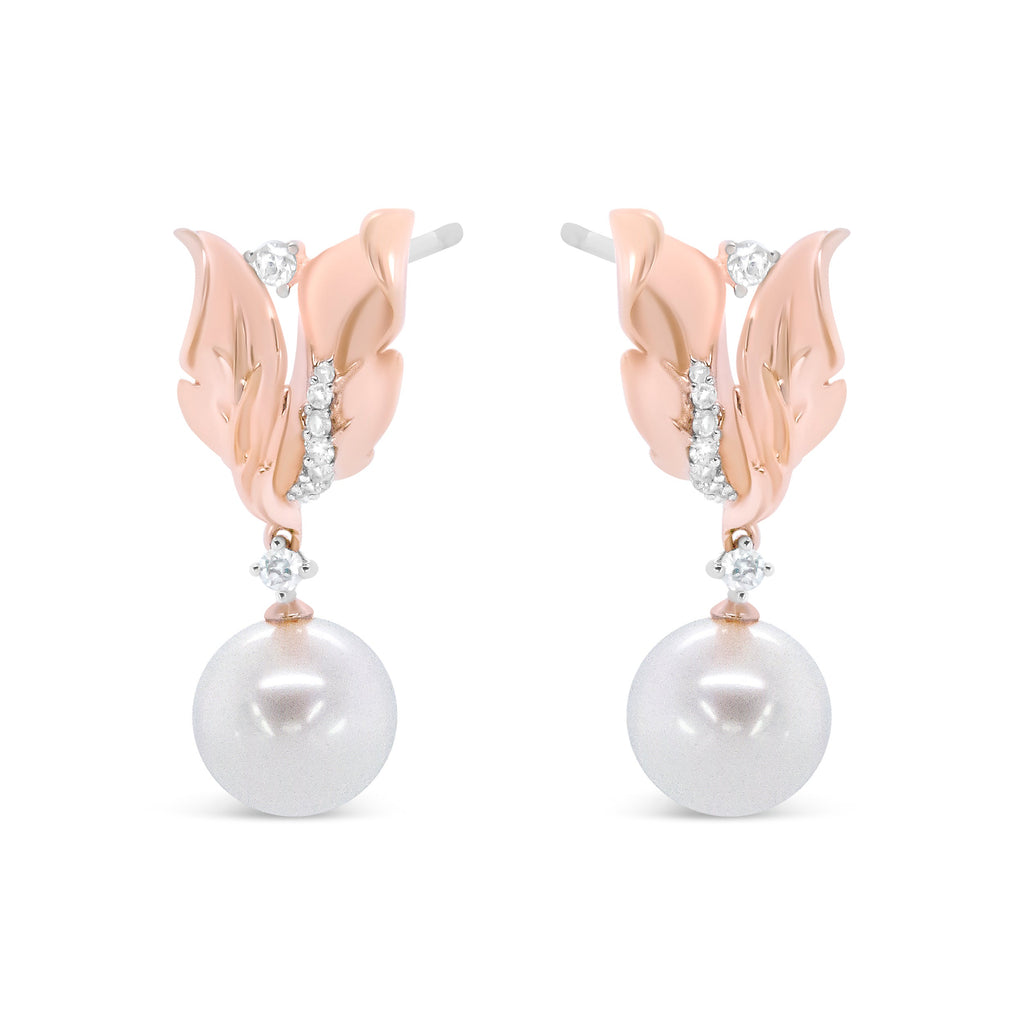14K Rose Gold 1/6 Cttw Round Diamond and 8mm Round Pearl Floral Drop Stud Earrings (H-I Color, I1-I2 Clarity)