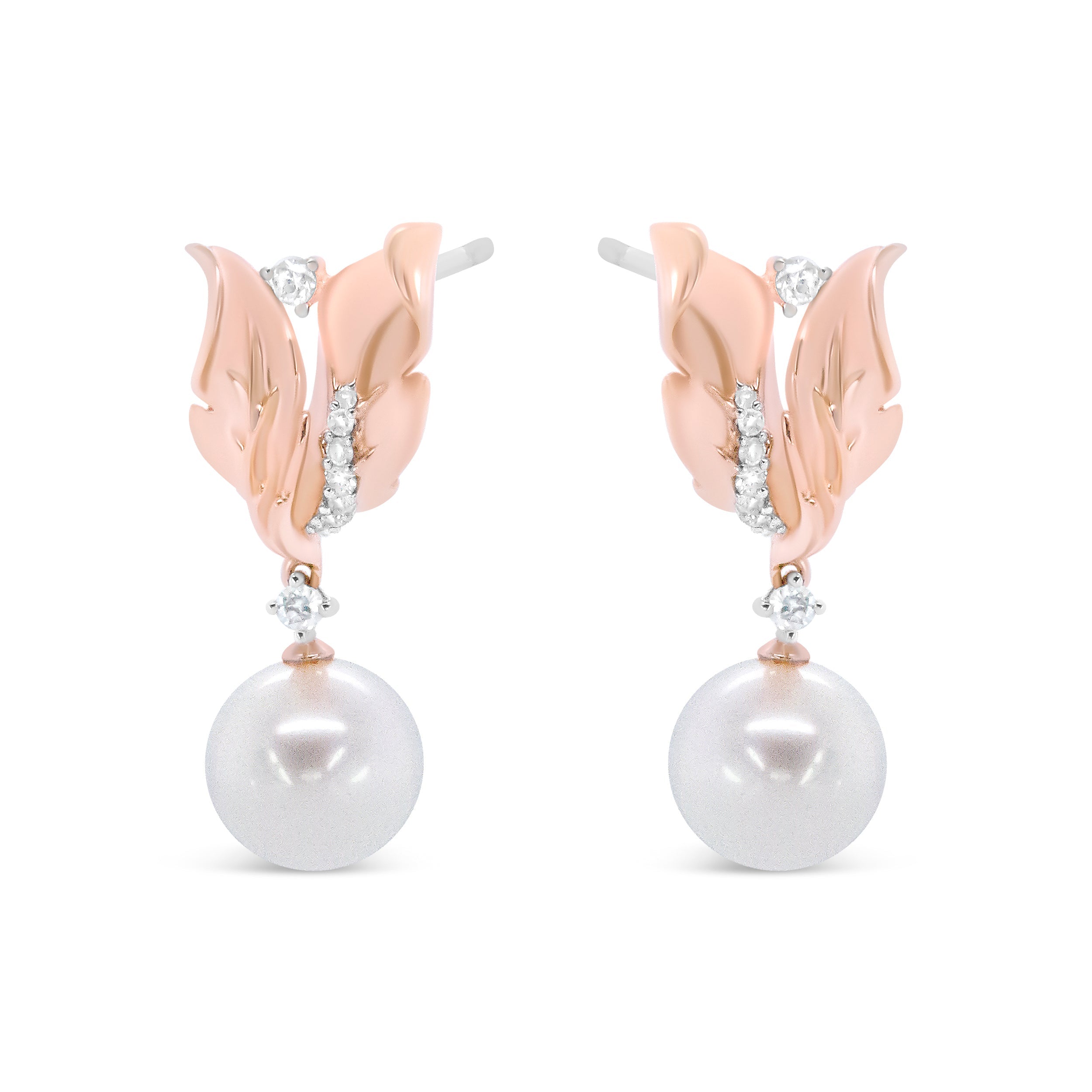 14K Rose Gold 1/6 Cttw Round Diamond and 8mm Round Pearl Floral Drop Stud Earrings (H-I Color, I1-I2 Clarity)