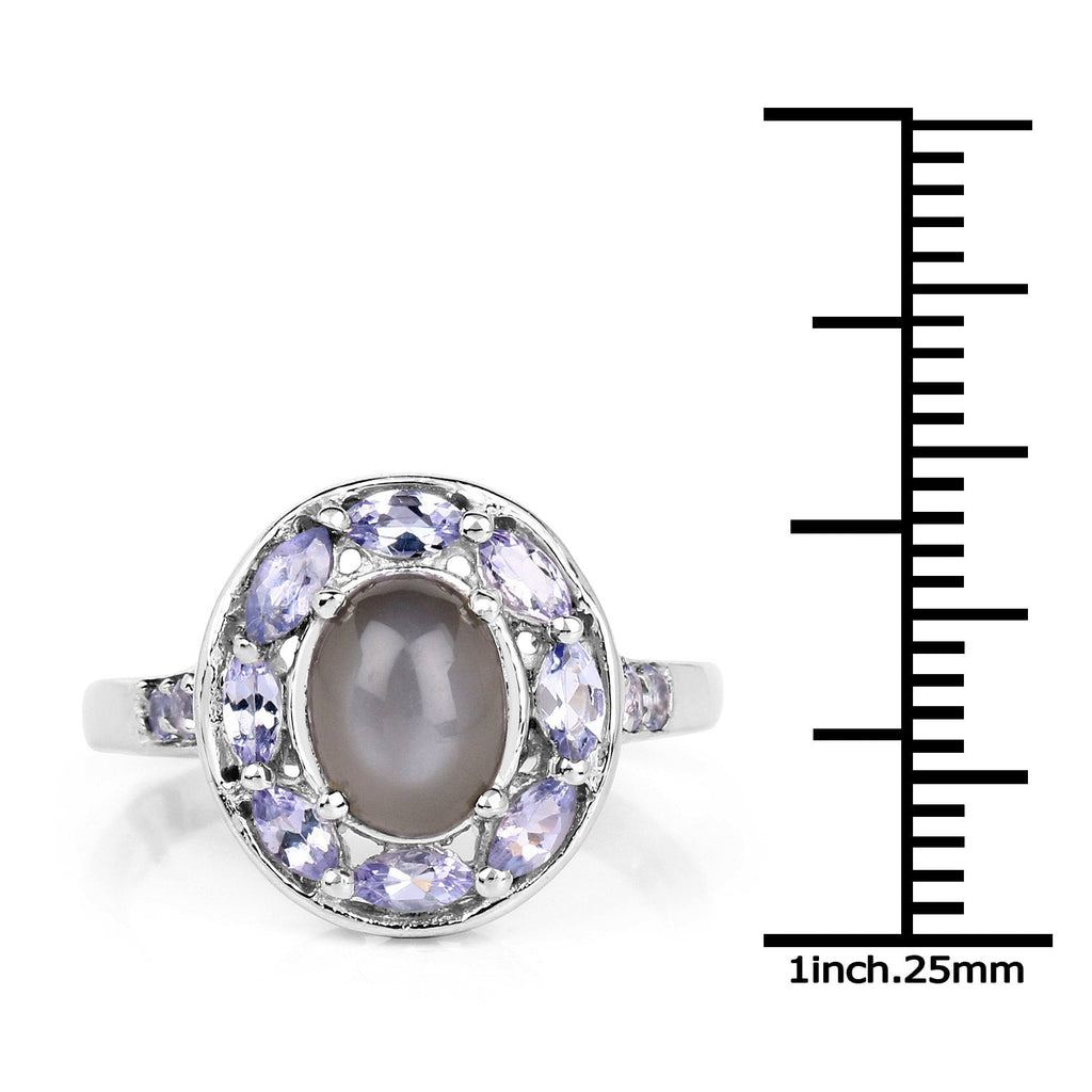 2.35 Carat Genuine Grey Moonstone and Tanzanite .925 Sterling Silver Ring