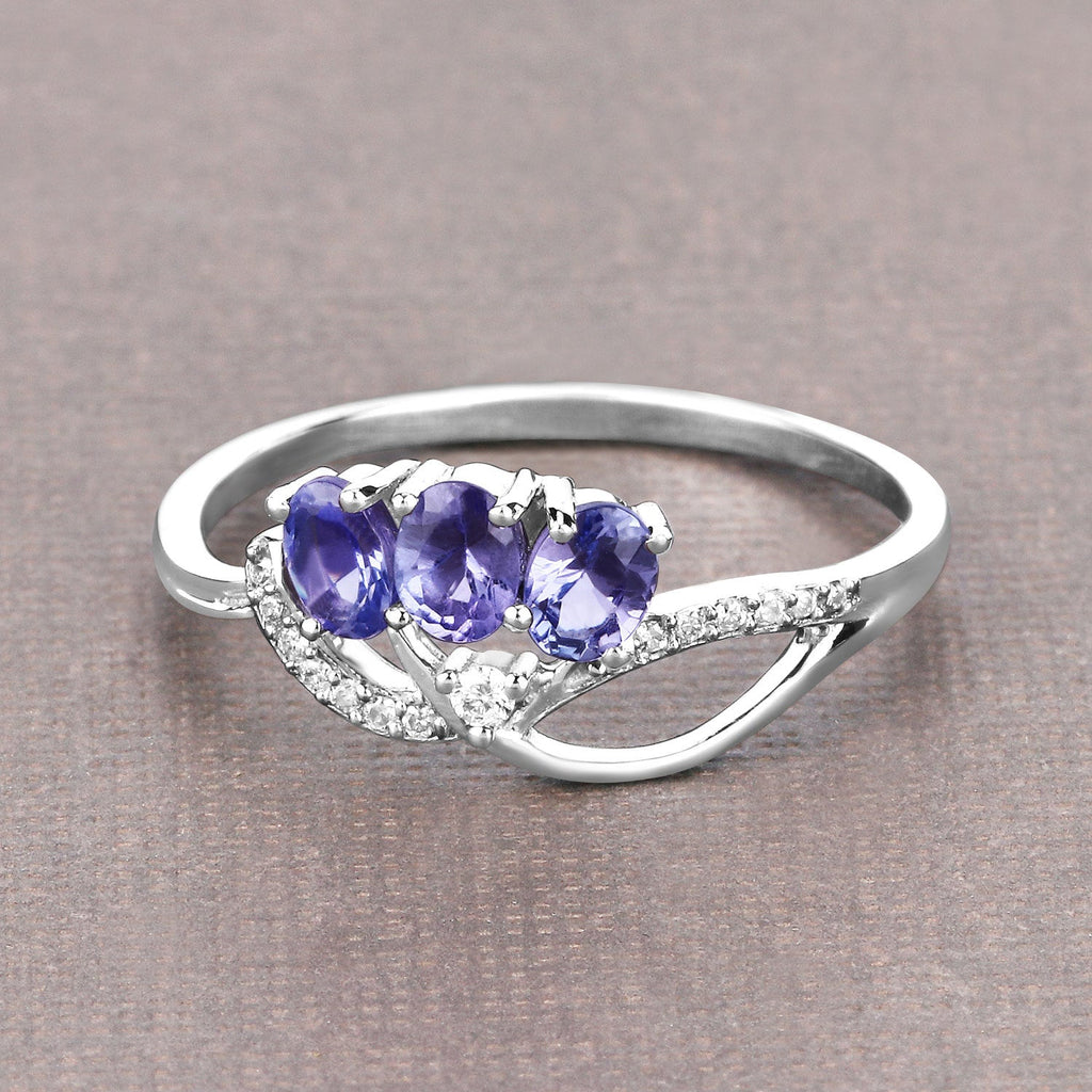 0.56 Carat Genuine Tanzanite and White Diamond 14K White Gold Ring