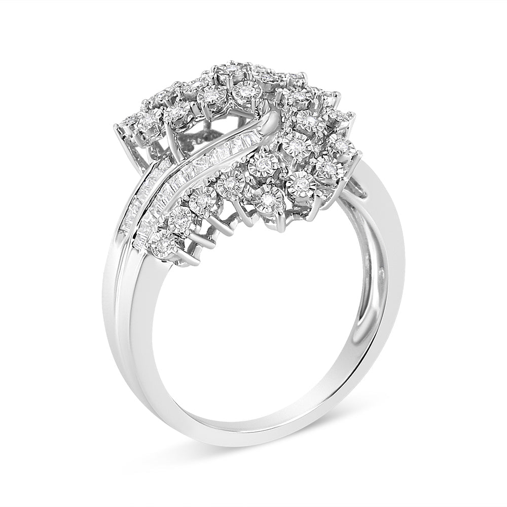 10K White Gold 1/2 Cttw Round and Baguette-Cut "S" Shaped Bypass Cocktail Ring (I-J Color, I1-I2 Clarity) - Size 7