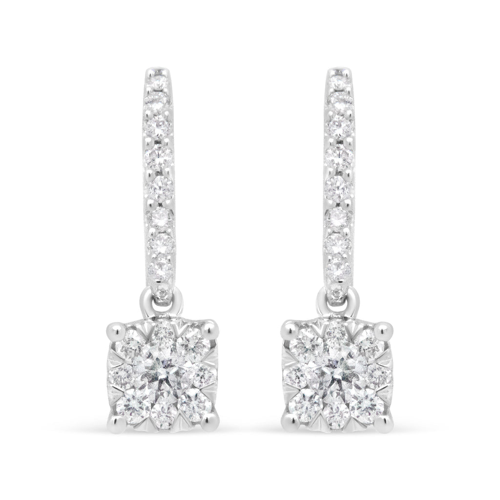 14K White 1/2 Cttw Round Diamond Halo Dangle Hook Earring - (H-I Color, SI2-I1 Clarity)
