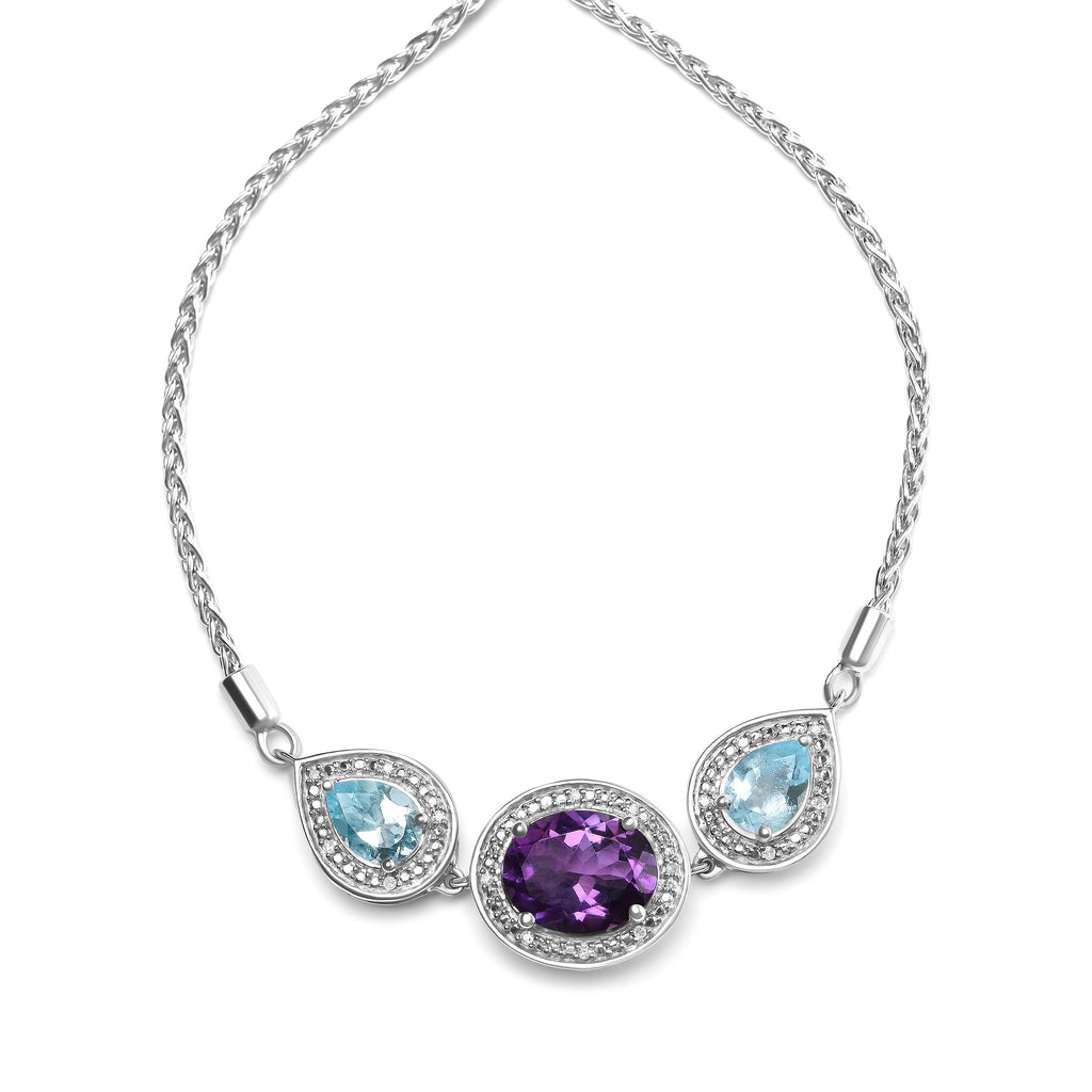 .925 Sterling Silver Oval Amethyst and Pear Blue Topaz with Diamond Accent Lariat 4â€-10â€ Adjustable Bolo Bracelet (H-I Color, SI1-SI2 Clarity)