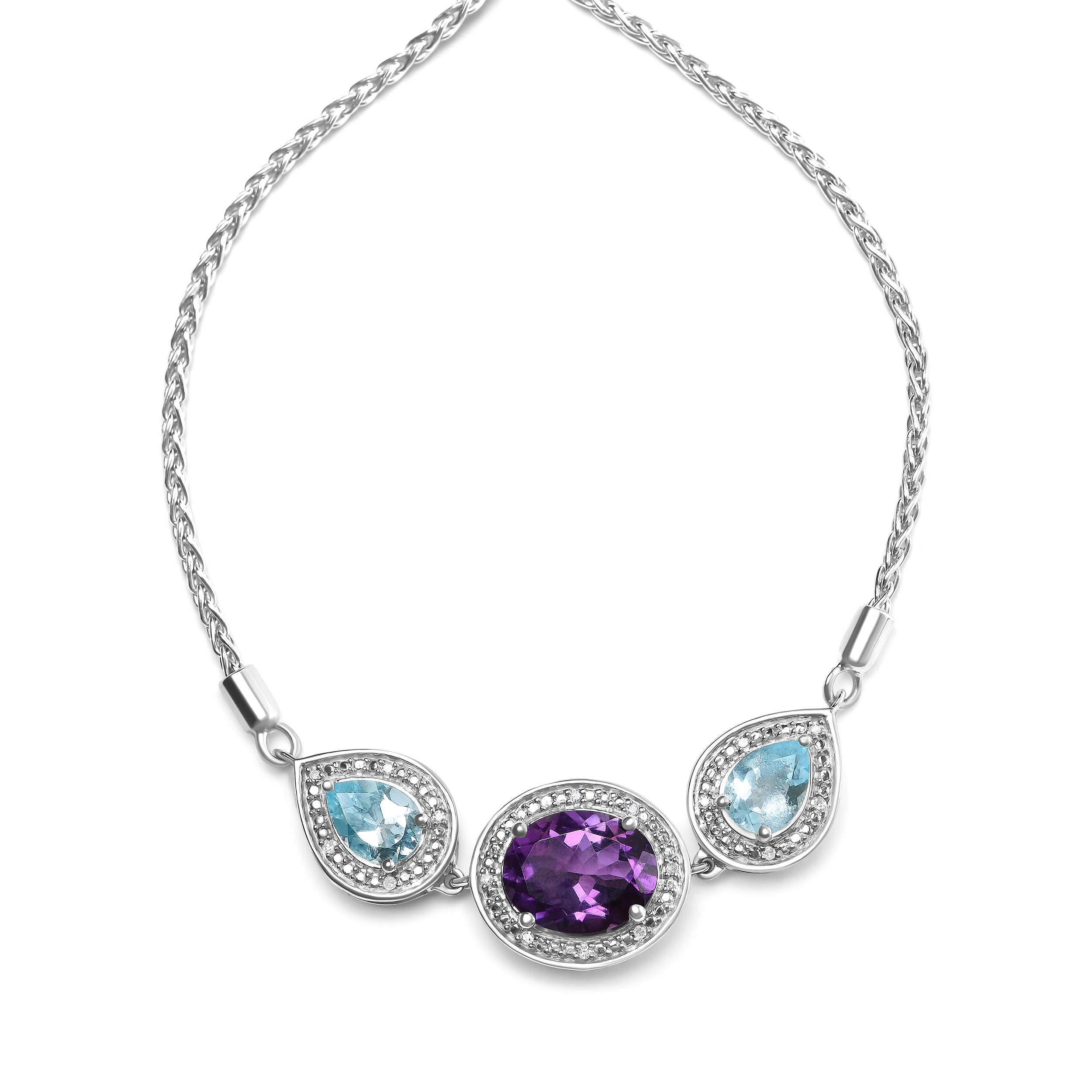 .925 Sterling Silver Oval Amethyst and Pear Blue Topaz with Diamond Accent Lariat 4â€-10â€ Adjustable Bolo Bracelet (H-I Color, SI1-SI2 Clarity)