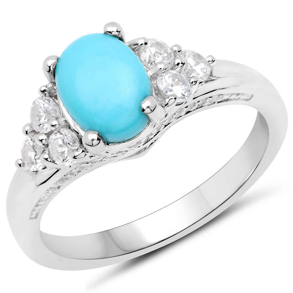1.92 Carat Genuine Turquoise and White Zircon .925 Sterling Silver Ring