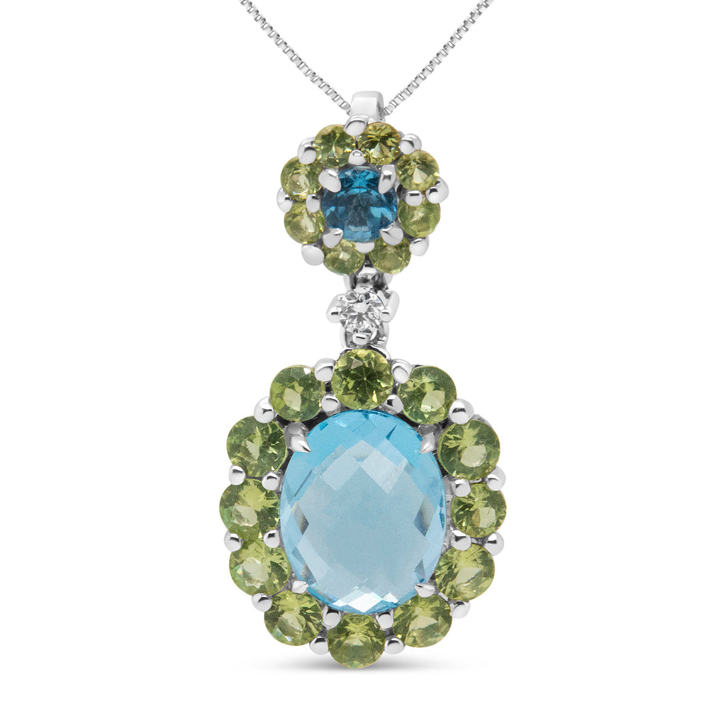 18k White Gold 0.05 Cttw Round Diamond and Blue Topaz and Green Peridot Gemstone Halo Drop 18" Pendant Necklace (F-G Color, VS1-VS2 Clarity)