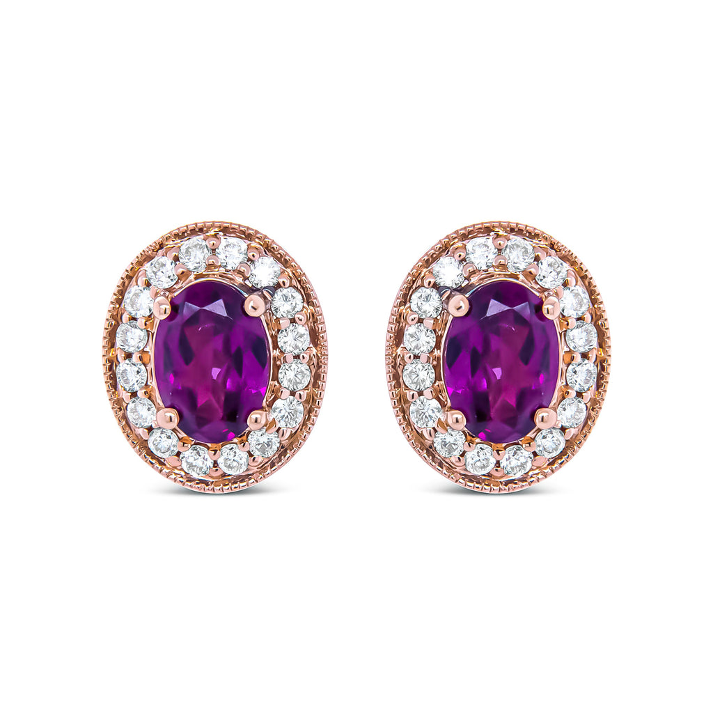14K Rose Gold 7x5mm Oval Cut Garnet and 3/8 Cttw Round Diamond Halo Stud Earrings (G-H Color, SI1-SI2 Clarity)