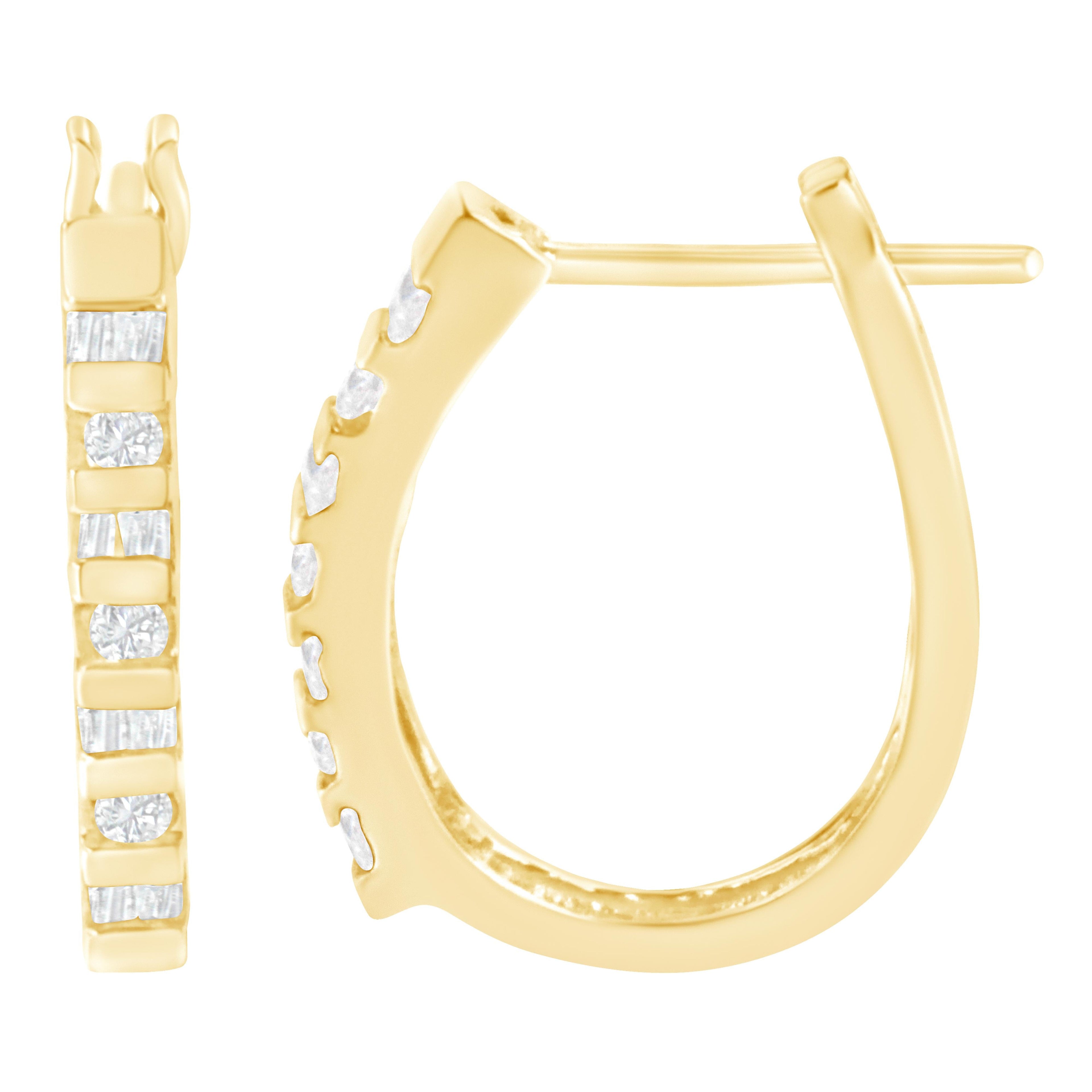 10K Yellow Gold Round and Baguette Cut Diamond Oblong Hinged Leverback Hoop Earrings (Â¼ Cttw, I-J Color, I2-I3 Clarity)