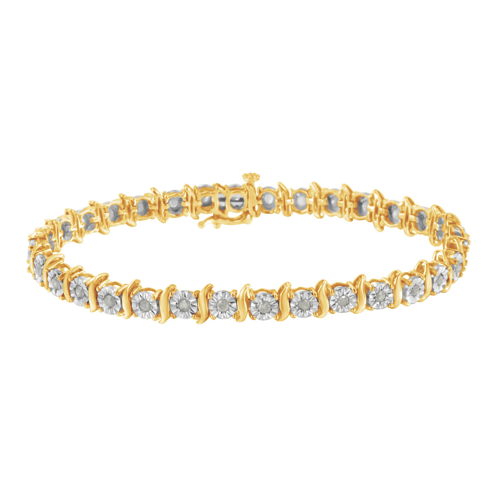 Two-Tone 10K Yellow Gold over .925 Sterling Silver 1.0 Cttw Diamond S-Curve Link Miracle-Set Tennis Bracelet (I-J Color, I3 Clarity) - 7"