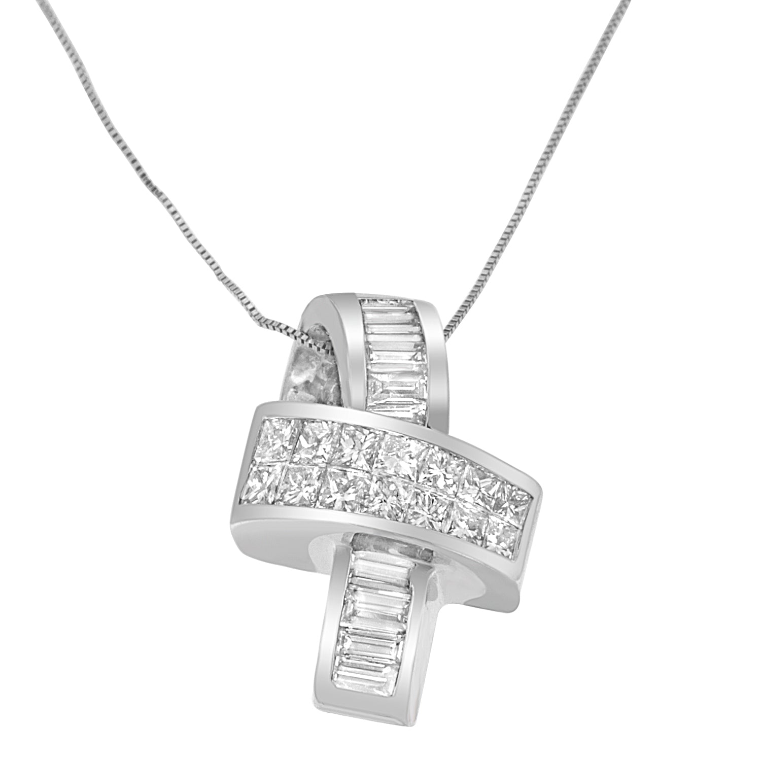 14K White Gold 2 cttw Princess and Baguette Cut Diamond Ribbon Pendant Necklace (H-I, SI-SI2)
