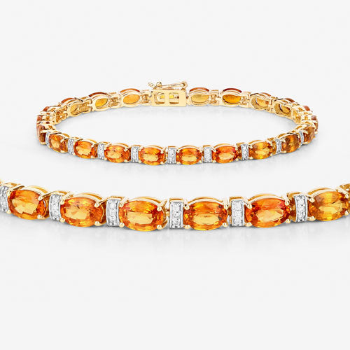 12.33 Carat Genuine Orange Sapphire and White Diamond 14K Yellow Gold Bracelet