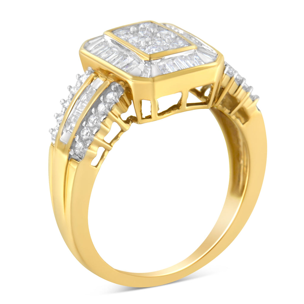 10K Yellow Gold Round and Baguette-Cut Diamond Cocktail Ring (1.0 Cttw, H-I Color, SI2-I1 Clarity) - Size 7