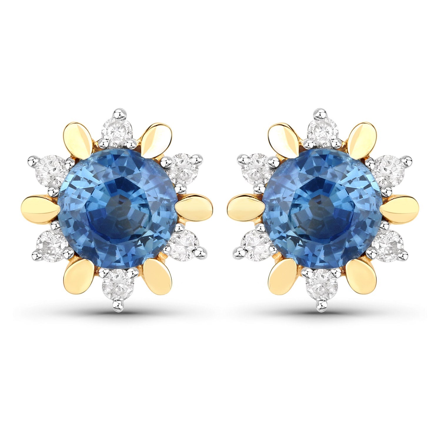 1.87 Carat Genuine Blue Sapphire and White Diamond 14K Yellow Gold Earrings