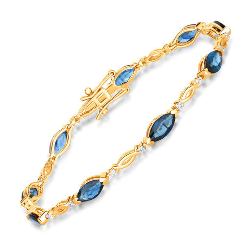 5.58 Carat Genuine Blue Sapphire and White Diamond 14K Yellow Gold Bracelet