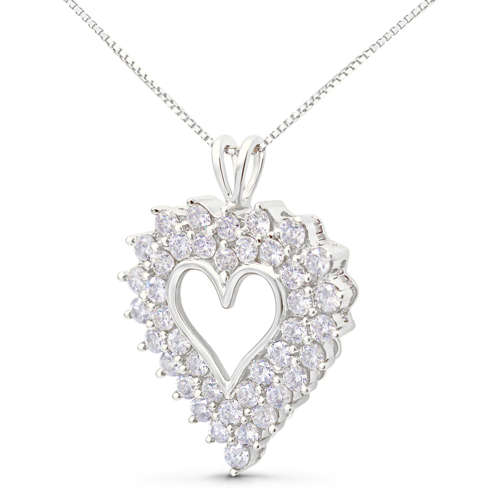925 Sterling Silver 4.0 Cttw Diamond Two Row Open Heart 18" Pendant Necklace (I-J Color, I2-I3 Clarity)