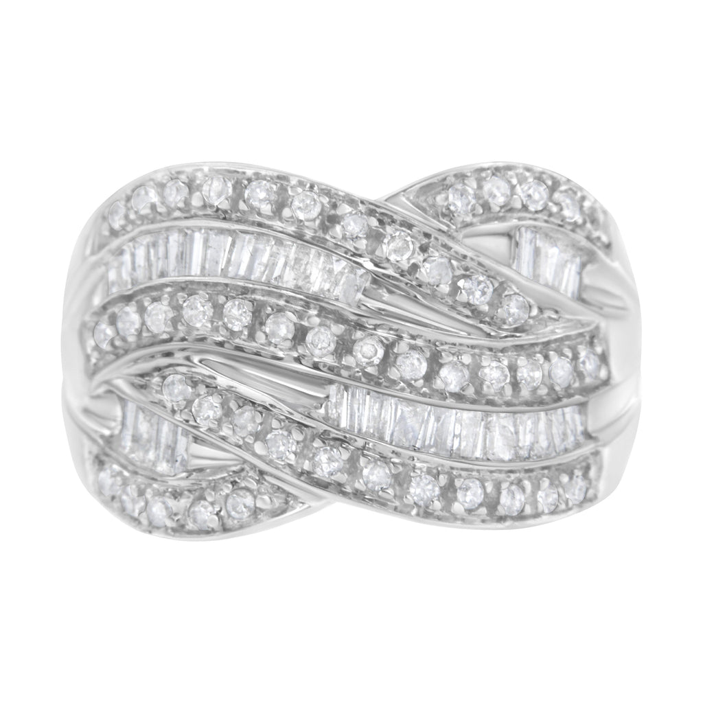 .925 Sterling Silver 1.0 Cttw Channel Set Alternating Round and Baguette Diamond Cross-over Bypass Ring Band (I-J Color, I2-I3 Clarity) - Size 7
