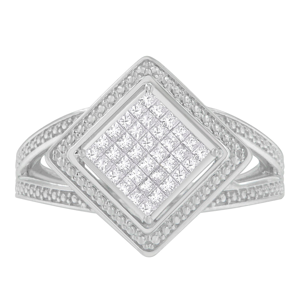 .925 Sterling Silver 1/3 Cttw Invisible Set Princess-Cut Diamond Rhombus and Beaded Halo Ring (H-I Color, SI1-SI2 Clarity) - Ring Size 7