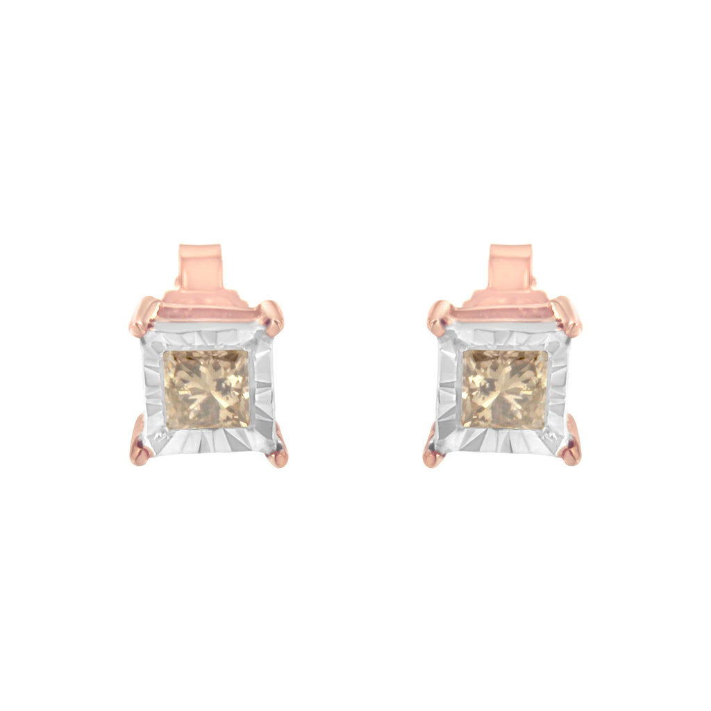 14K Rose Gold Plated Two-Tone .925 Sterling Silver 1/2 Cttw Princess-Cut Square Diamond Solitaire Miracle-Plate Stud Earrings (K-L Color, I2-I3 Clarity)