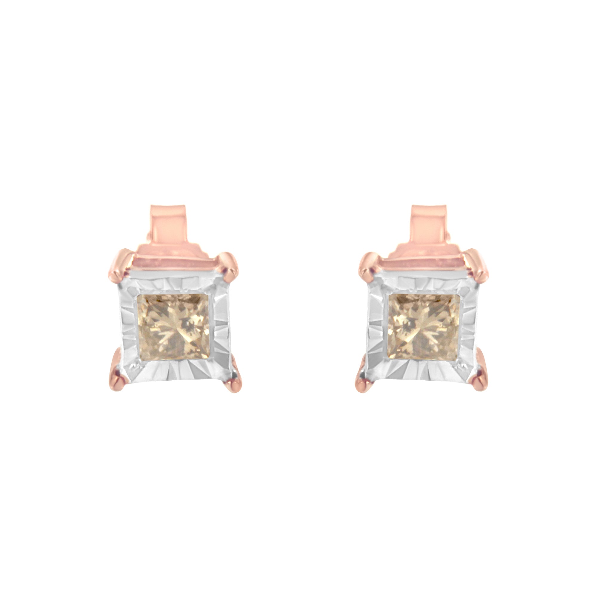 14K Rose Gold Plated Two-Tone .925 Sterling Silver 1/2 Cttw Princess-Cut Square Diamond Solitaire Miracle-Plate Stud Earrings (K-L Color, I2-I3 Clarity)