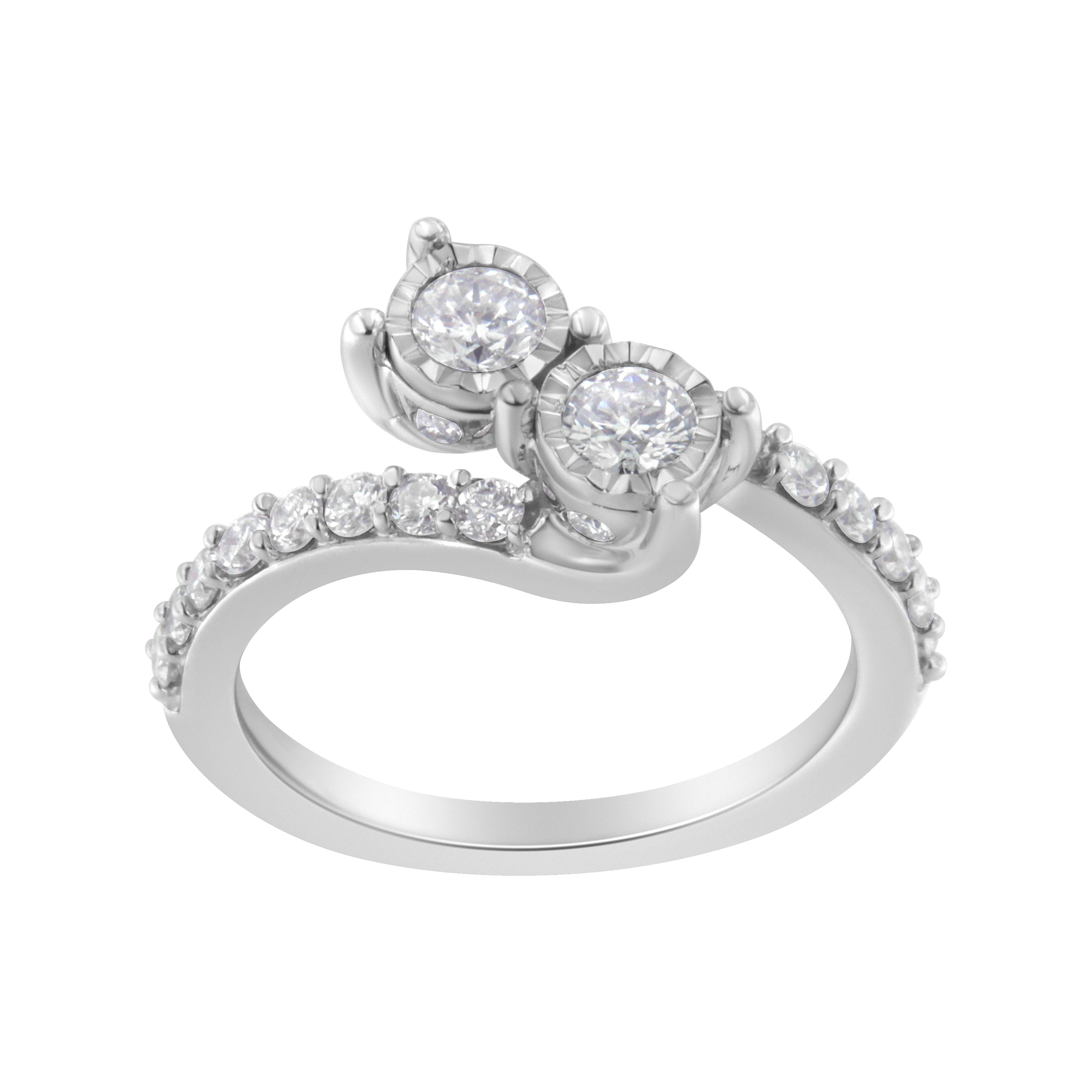 10K White Gold Two-Stone Miracle-Set Diamond Bypass Ring (1 Cttw, H-I Color, I1-I2 Clarity) - Size 6