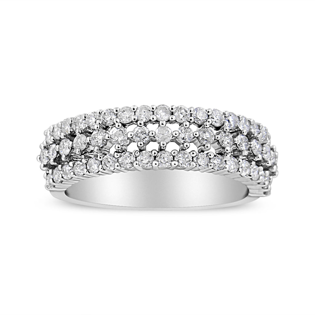 14K White Gold 1.0 Cttw Prong Set Round Diamond Split Shank Three Row Band Ring (H-I Color, I2-I3 Clarity) - Size 6