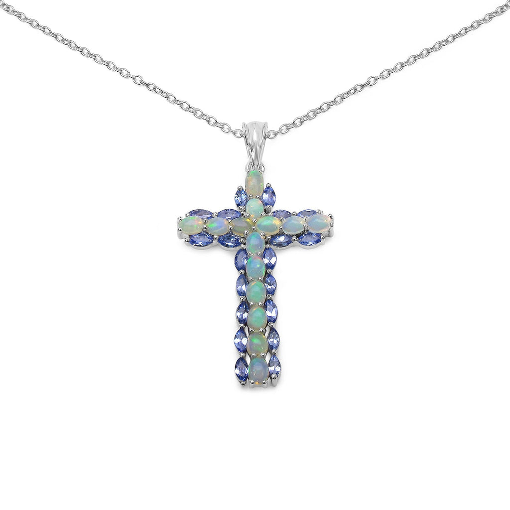3.32 Carat Genuine Ethiopian Opal and Tanzanite .925 Sterling Silver Pendant