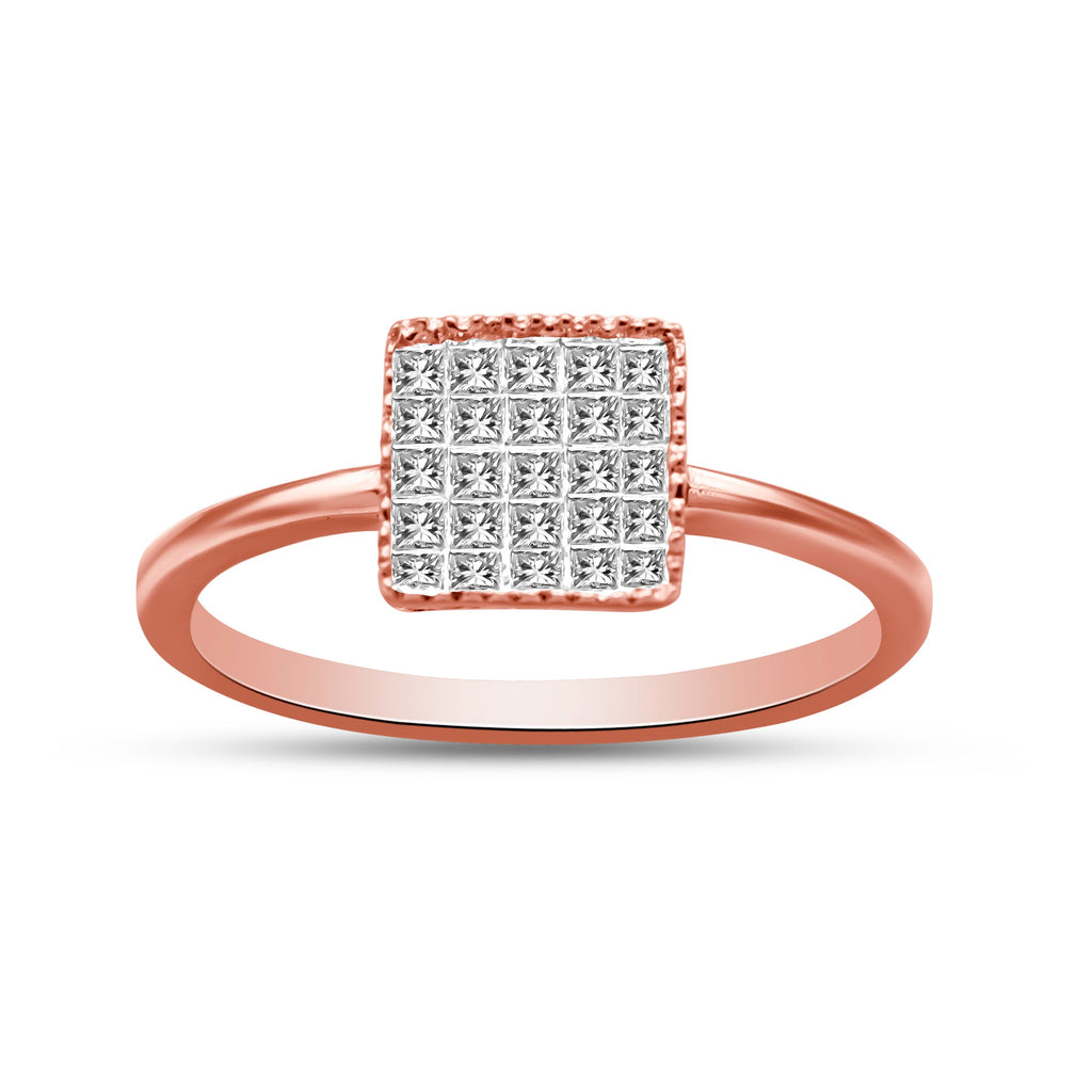 10K Rose Gold 1/3 Cttw Invisible Set Princess Cut Diamond Composite Square Shape Ring for Women (H-I color, I1-I2 clarity) - Size 7