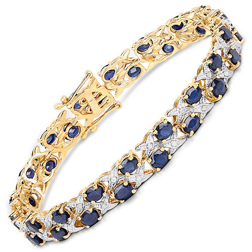 14K Yellow Gold Plated 12.53 Carat Genuine Blue Sapphire and White Diamond .925 Sterling Silver Bracelet