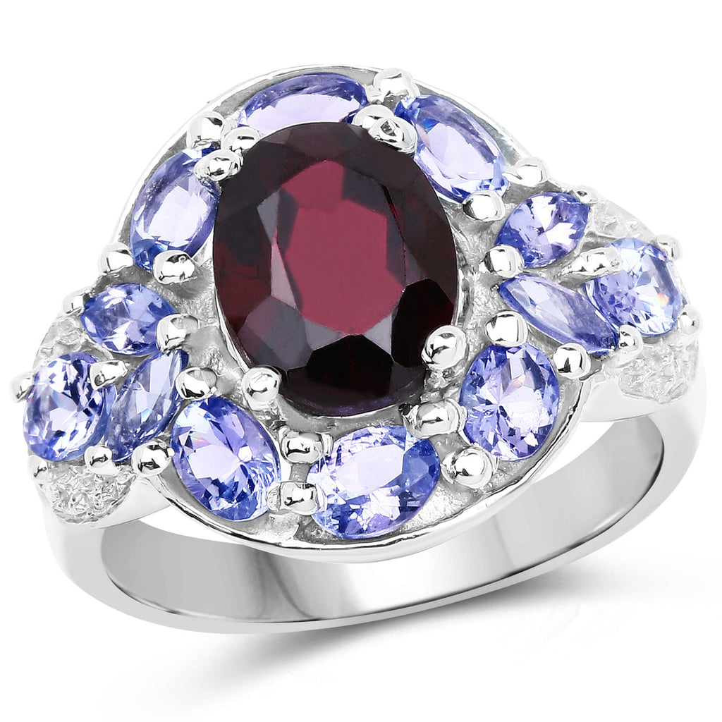 4.20 Carat Genuine Garnet, Tanzanite & White Topaz .925 Sterling Silver Ring