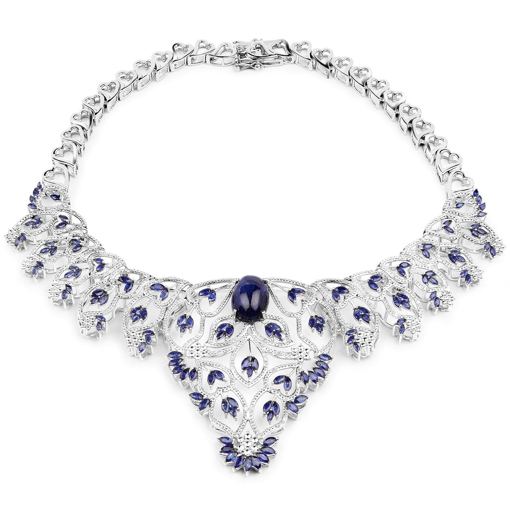 40.93 Carat Genuine Glass Filled Sapphire and White Diamond .925 Sterling Silver Necklace