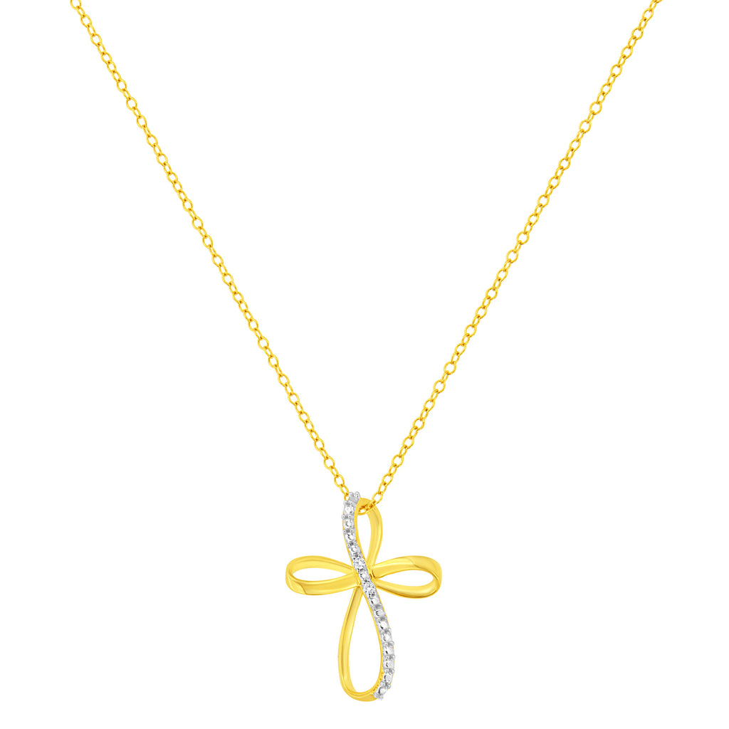 10K Yellow Gold Plated .925 Sterling Silver Diamond Accent Cross Ribbon 18" Pendant Necklace (I-J Color, I2-I3 Clarity)