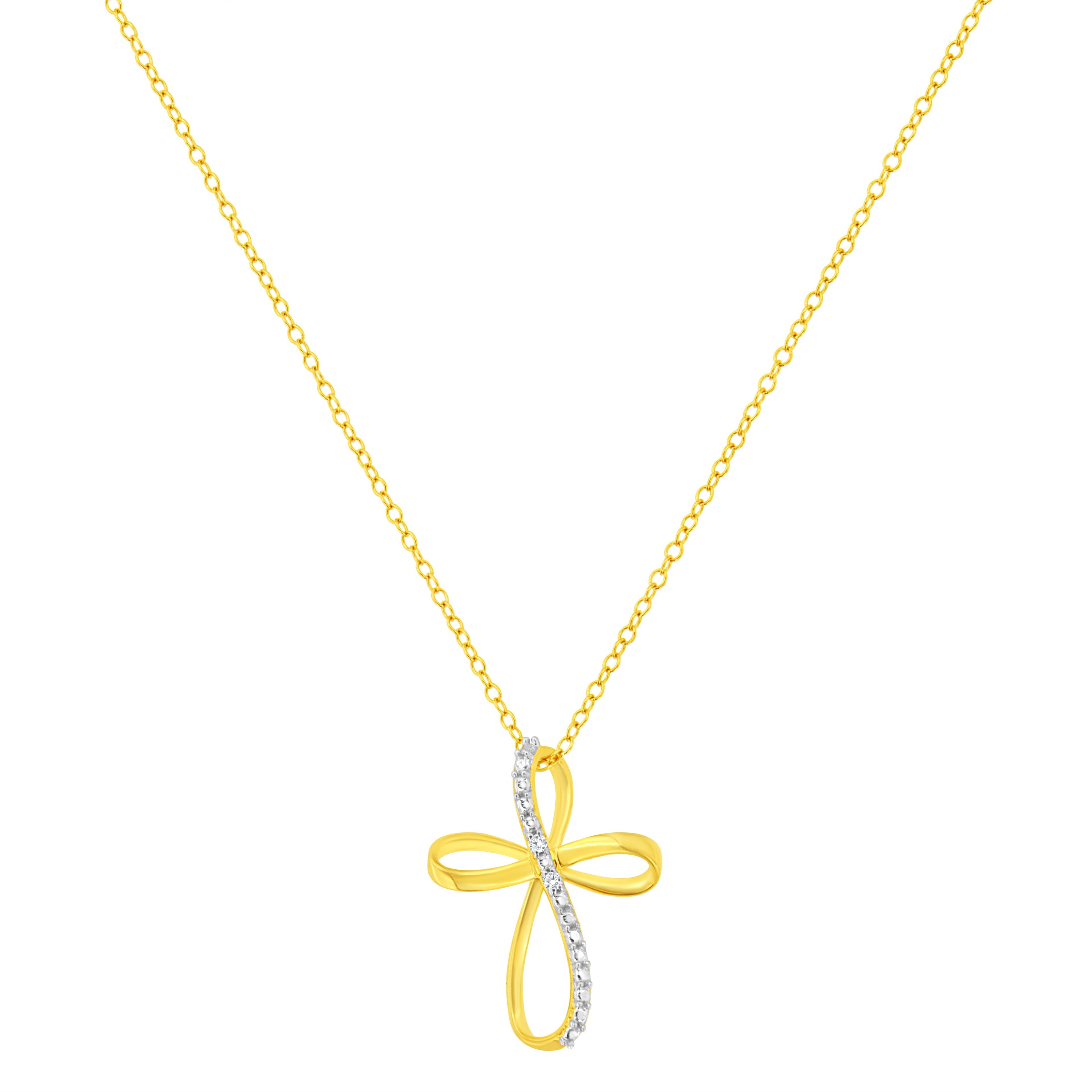 10K Yellow Gold Plated .925 Sterling Silver Diamond Accent Cross Ribbon 18" Pendant Necklace (I-J Color, I2-I3 Clarity)